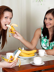 Three yummy babes showing their love for bananas and presenting their gorgeous nude bodies.