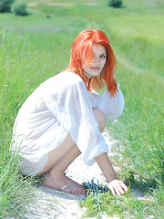 Surrounded by vast green grass, Violla\'s alluring beauty and charmingg allure stands out, with her pale smooth skin, fiery red hair, pink, perky boobs, and delectable labia.