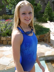 Blonde teen Skye shows off her tight little body at the pool in a tight one piece bathing suit
