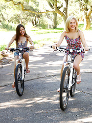 Three sexy girls ride bikes in the park naked watch nice ass and boobs get sucked and fucked