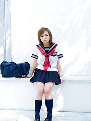 Runa Hamakawa Asian plays with her uniform skirt after classes